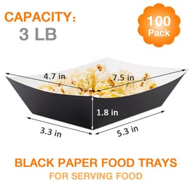 Goalfly 100 Pack 3lb Paper Food Trays, Disposable Nacho Trays, Kraft Paper Food Boats (Black)