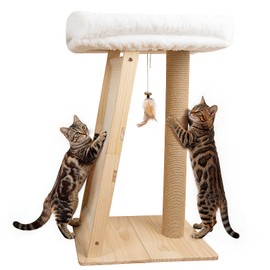 Famifit 31.5" Cat Scratching Post, 3-in-1 Multifunctional Natural Pine Wood Cat Furniture, Tall Scratch Posts with Perch&Scratcher, Boxed with Hanging Bell Toy, Large