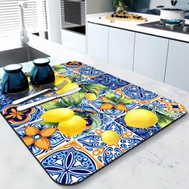 Rubber Dish Drying Mat for Kitchen Counter Large Lemon Washable Quick Home Coffee Pad Fit Under Sink,Bar,Utensils 18x24in