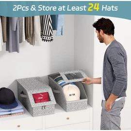 AOODA 2 PCS Stackable Hat Storage for Baseball Caps, Holds up to 24 Caps Hat Organizer for Closet, Sturdy Snapback Boxes for Men with Cardboard, Grey