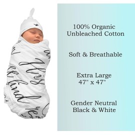 Under His Wings Muslin Swaddle & Bonus Baby Hat with Scripture Quote (Psalm 91) - 100% Organic Unbleached Cotton - Swaddle/Blanket is a Unique Shower & Baptism Gift -