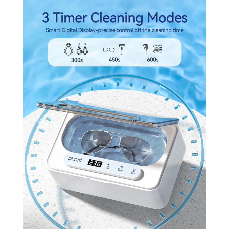 Ultrasonic Jewelry Cleaner, Phniti Ultrasonic Retainer Cleaner with Timer, 47KHz