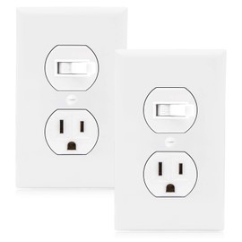 Maxxima Combination Toggle Light Switch and Outlet - Single Pole White Decor Combo Style Receptacle, Wall Plates Included, UL, 15A / 120V AC - 2 Pack