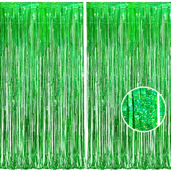 BRAVESHINE 2PCS Green Tinsel Foil Fringe Curtain Party Backdrop -