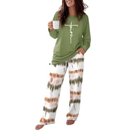 CHICME Womens Pajamas Sets 2 Piece Long Sleeve Lounge Set Printed Loose Pants Pj Sets Loungewear Tracksuits with Pockets Ombre Green-M