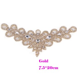 Phicmanlo Handmade Rhinestone Delicate V-Neck Neckline Sew On Crystal Applique Patches Wedding Dresses DIY Decoration (Gold)