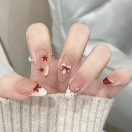 Press on Nails Medium Short Almond French Tip Fake Nails with White Red Bows Design Full Cover Glossy Acrylic Glue on Nails False Nails Thick Stick on Nails for Women 24Pcs Z1036