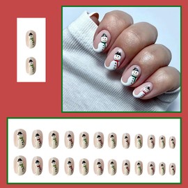 24Pcs Almond Press on Nails French Tip Short Christmas Nails Fake Nails Pink False Nails with Cute Snowman Designs Glossy Short Oval Nails Reusable Full Cover Acrylic Nails for Women Stick on Nails