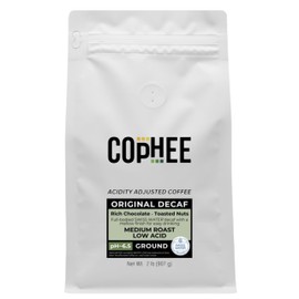Low Acid Coffee - Decaf - Bulk Pack - Ground Medium Roast - Smooth Non-GMO Arabica Coffee - Electrolyte Infused for Sensitive Stomachs, Acid Reflux, and Heartburn ~pH 6.5 - 32 oz Original Decaf by COpHEE