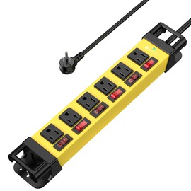 Heavy Duty Power Strip - 6 Outlet Power Strip with 6 Individual Switches Cord Manager Surge Protector 1200J Home Office Garage Industrial Workshop
