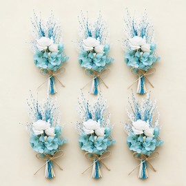 6Pcs Charming Dried Flowers Bouquet Handmade Mini Dry Wildflowers for Craft Vase DIY Photo Props Wedding Party Dining Table Decor Real Floral Corsage and Boutonniere Materials (Light Blue)