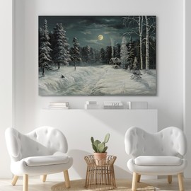 SIGNFORD Canvas Print Wall Art Winter Night Forest Snowy Cabin under Full Moon Nature Wilderness Photography Realism Decorative Landscape Relax/Calm for Living Room, Bedroom, Office - 24"x36"