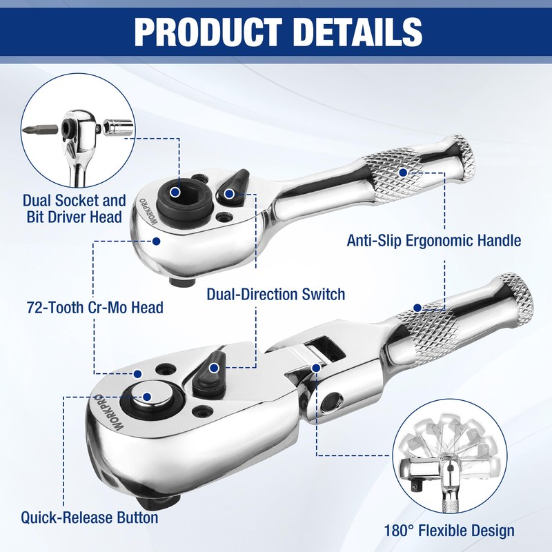 WORKPRO 2-Piece Stubby Handle Ratchet Set with 14 Accessories, 1/4"