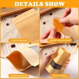 Leelosp 300 Pcs Kraft Bags with Window 3.5 x 5.5 Inch Kraft Stand Up Paper Bags Reusable Food Storage Pouches Heat Sealable Zipper Lock Pouches Bulk for Packaging Business(Brown)