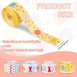 4pcs Easter Wide Ribbon Rolls, 20yd/60ft Easter Grosgrain Ribbon & Wired Edge 4 Styles Easter Bunny Ribbon Rabbit Egg Stripe Spring Fabric Basket Pastel Ribbon Wrapping Ribbons for Crafts Gift