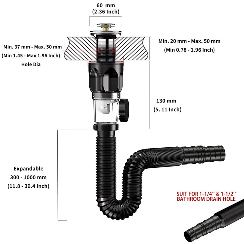 Hshenjhu Sink Drain Fitting Kit, Siphon Sink Set with Pop-Up