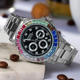Luxurious Men's Watch with Colored Crystal Dial and Gold Finish, Skeleton Design, Royal Style for Business and Casual Occasions, High-Quality Chronograph, Perfect Gift for Any Occasion:_Silver steel