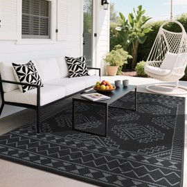 GarveeHome Outdoor Rug 8 x 10 Large Geometric Plastic Straw Rug, Waterproof Reversible Woven Carpet, UV-Resistant Camping Rug, Outside Patio Rug for Picnic, Balcony, Deck, Backyard, Black Gray