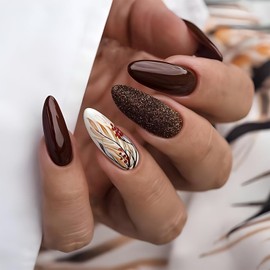 Fall Almond Fake Nails Medium Press on Nails Brown Acrylic Nails Glitter Wheat Ears Glue on Nails Autumn Nails Press ons Solid Color Press on Nails Thanksgiving Stick on Nails for Women Manicure