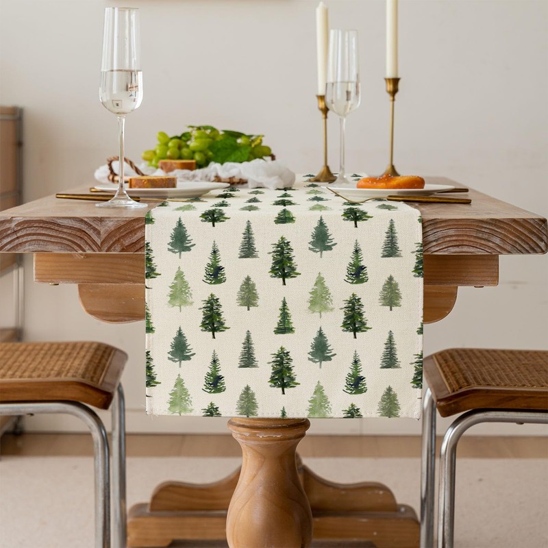 Christmas Tree Table Runner, Green Winter Kitchen Dining Table Decoration