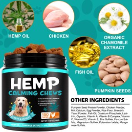 Calming Chews for Dogs, Grain Free All Natural Hemp Calming Chews for Dogs, Hemp Oil, Camomile Extract, Valerian Root, Helps Manage Stress & Separation Anxiety - Chicken Flavored (150 Count)