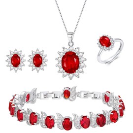 Ever Faith Oval Cubic Zirconia Wedding Jewelry Set, Birthstone Pendant Necklace Earrings Tennis Bracelet Open Ring Set for Birthday/Mother's Day Gifts for Mom/Wife/Sister Red Silver-Tone