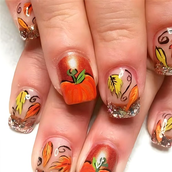 Fall Press on Nails Short Square Yellow Orange False Nails