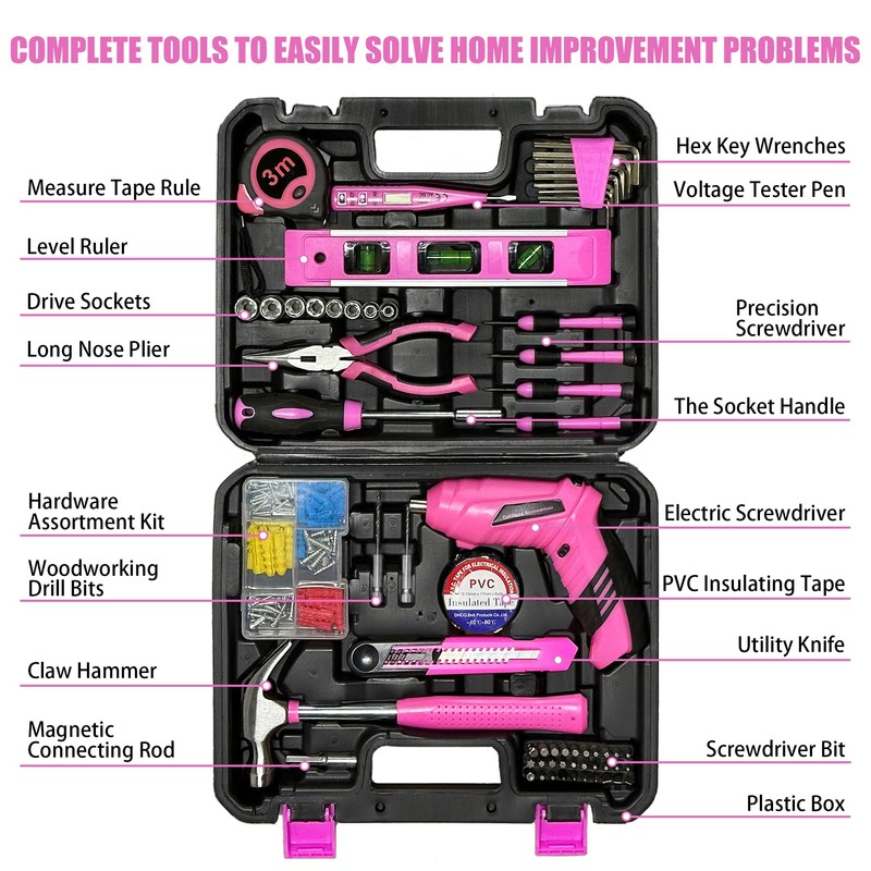 Pink Toolbox Essentials for Women Girls Starter DIY Drilling Kit