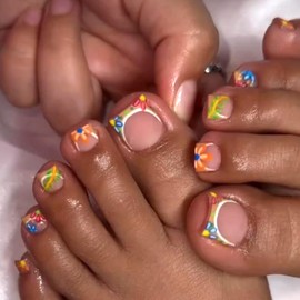 Colorful Flower French Tip Press on Toenails Square Fake Toe Nails Summer Floral False Toenails Glossy Acrylic Toe Nails Reusable Full Cover Artificial Toenails for Coquette Women 24Pcs