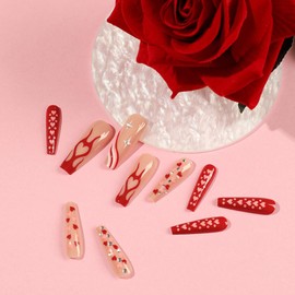 Valentine's Day Press on Nails Long Coffin False Nails with Heart & Flame Rhinestones Designs French Nails Press ons Glossy Glue on Nails Nude Full Cover Ballerina Stick on Nails for Women 24Pcs