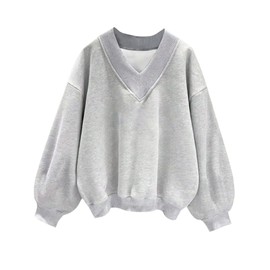 RoseSeek Women's Sweatshirt Long Sleeve V Neck Drop Shoulder Sweatshirt Pullover Tops Fall Outfits Trendy Plain Light Grey Medium