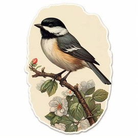 Yoonek Graphics Massachusetts Black-Capped Chickadee Bird Mayflower Flower Vinyl Decal Sticker for Car, Laptop, Tumbler, More. #008708-4"