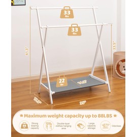 Cozivolife Kids Clothing Rack with 2 Hanging Rods and 4 Hooks, Kid Dress Up Holder with Bottom Storage Shelf, Child Garment Stand, Small and Foldable, Bamboo (White)