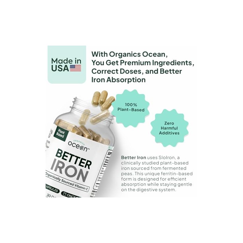 Organics Ocean Better Iron Supplement with Vitamin C - Plant-Based