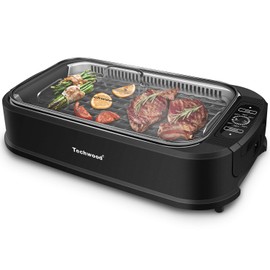 Techwood 1500W Smokeless Indoor Electric Grill with Non-Stick Plates and Tempered Glass Lid - Korean Grill with Temperature Control