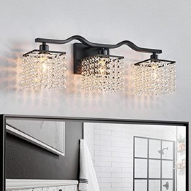 WUZUPS 3-Light Bathroom Light Fixture Morden Vanity Wall Sconces Light Clear Crystal Drop for Bedroom Living Room, E12 Base, Black