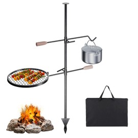 IDZO 360° Swivel Campfire Grill Grate, Adjustable Cooking Equipment, Fire Pit Grill Grate with Hanger Rod, Campfire Cooking Grate, Camping Accessories for Camping & Outdoor BBQ Over Open Fire