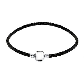 Andante-Stones Silver Braided Leather Bracelet (Black) with Clip Clasp (21 cm) for European Beads + Organza Pouch, 21 cm, Leather, Without Stone