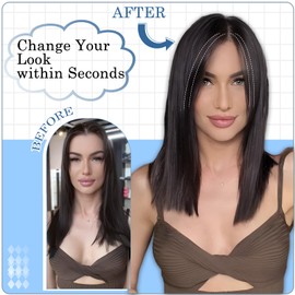 Yekartary Hair Toppers No Bangs Women Topper with Front Lace 360° Cover Clip-in Synthetic Hairpieces Upgrade Base 13 in Short Straight Bob Wig for Thin Hair Bleach Blonde