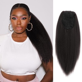 Allyreetress Natural Black Yaki Drawstring Ponytail Extension for Black Women Kinky Staight Up Down Ponytails Synthetic Natural Black