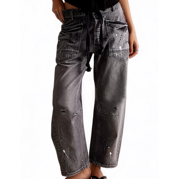 Womens Moxie Pull-On Barrel Jeans Mid-Low Rise Boyfriend Drawstring Ankle