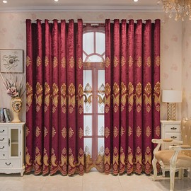 ELKCA Burgundy Red Chenille Curtain with Embroidered Pattern Festival European Curtains for Living Room Holiday Curtains,Grommet Top (52" W x 84" L,Pack of 2)