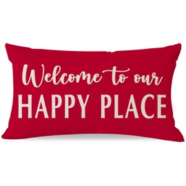 HERHOME Decorative Throw Pillow Cover 12x20 Inch Welcome to Our Happy Place Dusty Red Outdoor Farmhouse Front Porch Patio Decor Holiday Rustic Lumbar Cushion Case Decoration for Home Room Sofa Couch