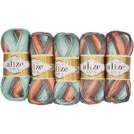 500 g Ilkadim Export Diva Batik Knitting Wool, Multicoloured with Colour Gradient, 5 x 100 g Mercerised Knitting Yarn Microfibre Acrylic (Grey Salmon Mint 5550)