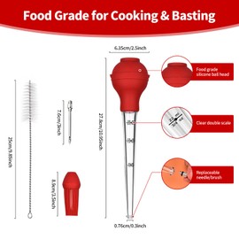 Cabipeove Turkey Baster,Food Grade Baster for Cooking,Baster Syringe for Basting Roaster Turkey and Home Baking,Baster Tool with Detachable Silicone Bulb,Cleaning Brush,Marinade Injector Needles (Red)