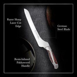 Hammer Stahl 9-Inch Offset Bread Knife - Scallop Serrated Blade - High Carbon German Steel - Ergonomic Quad-Tang Pakkawood Handle