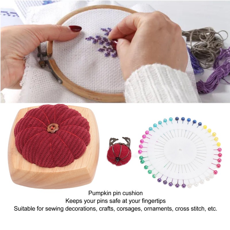 Pin Cushion Kit Cute Pumpkin Shape Pin Cushion Wooden Base