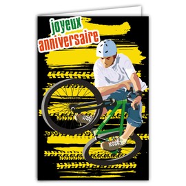 Afie 67-1250 Happy Birthday Card with Envelope for Young Boys, Sporty Men, Who Love Cross, 2 Wheels, Mountain Bike, BMX Extreme Figures, Tire Trainers, Sneakers