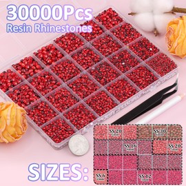 TINKRSTUFF 30000Pcs Red Rhinestones for Bedazzling with B7000 Jewelry Glue, Bedazzler Kit Bulk Flatback Gems, Resin Rhinestones for Crafting Crafts Clothing Shoes Fabric Nail Art Assorted Size 2/3/4/5/6mm
