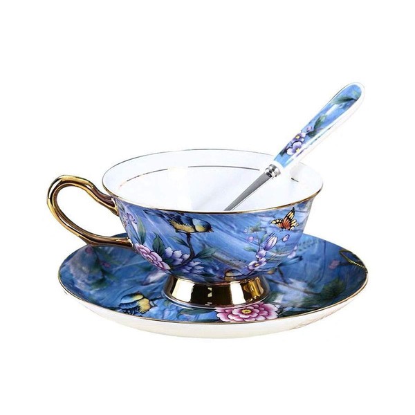 Eplze YBK Tech Euro Style Cup& Saucer Set, Bone China Teacup Coffee Cup for Breakfast Home Kitchen- Birds and Trees Patterns (Blue Purple)